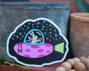 Rabbit Flying a Spaceship Sticker - Funny Sticker - Notebook Sticker - Laptop Sticker - Bumper Sticker - Waterproof Sticker - Phone Sticker