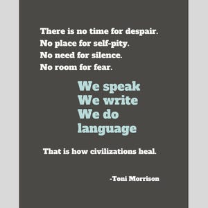 Afdrukbaar protestbord downloaden • Citaat van Toni Morrison "No Time for Despair" • 8,5 x 11, pdf, png Campusactivismeposter