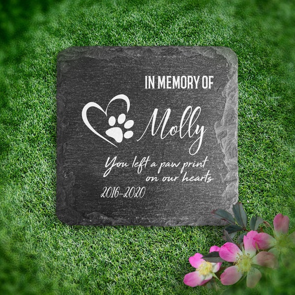 Memorial Plaque For Pet Cat Dog Slate Stone Heart Paw Grave Marker Personalised Custom Printed Name Date 10x10cm