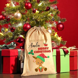 Personalised Name Santa Reindeer Multinational Merry Christmas 2025 Presents Sack Gift Bag XL 75x48CM (29.5 inches x 19.3 inches)
