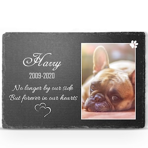 May include: Black slate memorial plaque with a photo of a French Bulldog. The plaque reads "Harry 2009-2020 No longer by our side But forever in our hearts".