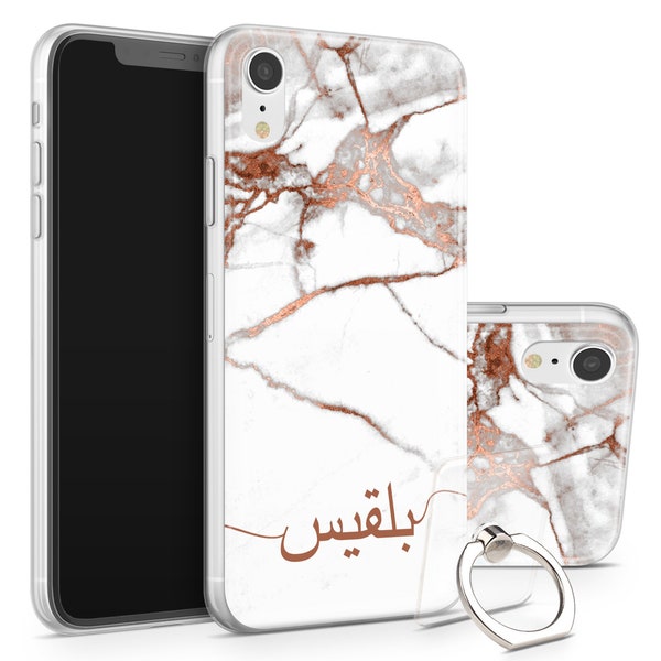 Custom Name In Arabic Gel Phone Case and Clear Ring Holder Fits For iPhone 15 Pro max 15 + 14 13 12 X 11 7 8 Rose Gold White Marble