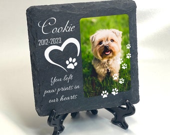 Personalised Custom Printed Memorial Plaque For Pets Cat Dog Slate Stone Heart Paw Grave Marker & Foldable Display Stand 15x15cm, 10x10Cm