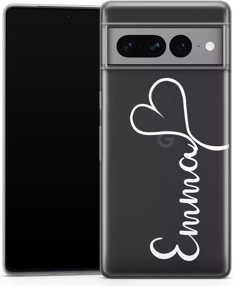 May include: A clear phone case with a black background and a white heart design. The name "Emma" is written in a cursive font below the heart. The phone case is on a black smartphone.