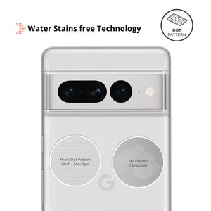 Może przedstawiać: Biały smartfon z obiektywem aparatu, kt&oacute;ry ma mikropunktowy wz&oacute;r zapobiegający rozmazywaniu. Tekst "Water Stains free Technology" jest widoczny w g&oacute;rnej części obrazu. Tekst "Micro Dot Pattern (Anti-Smudge)" i "No Pattern (Smudge)" jest widoczny pod obiektywem aparatu.