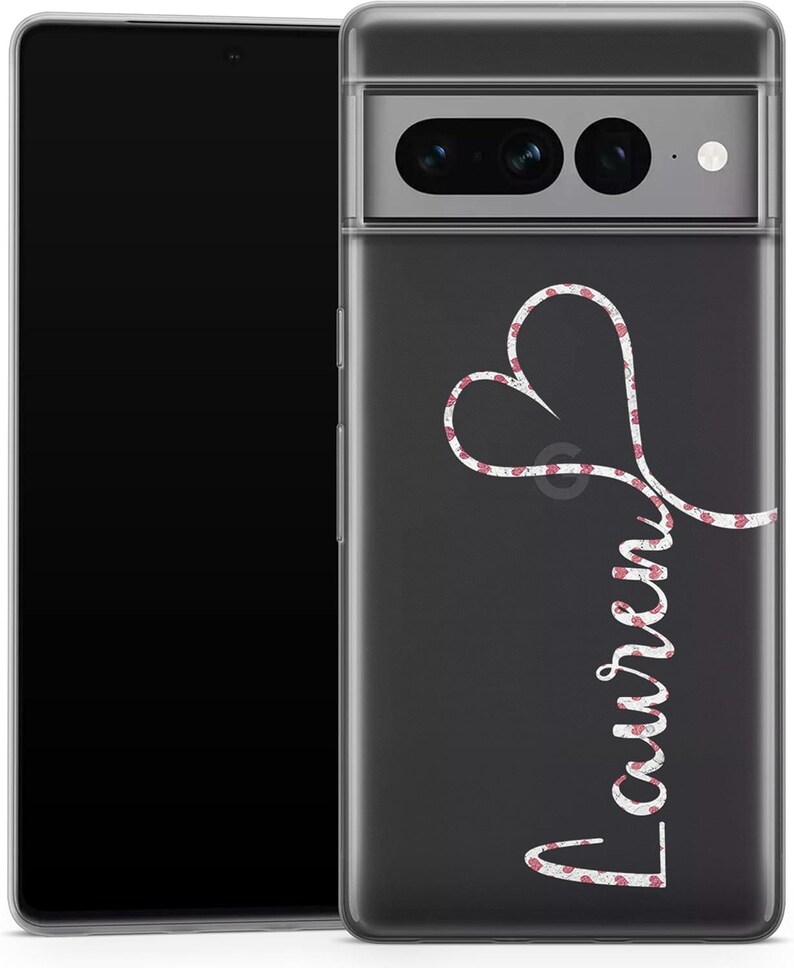May include: A clear phone case with a black background. The case features a white heart design with a red floral pattern and the name "Lauren" in a cursive font. The phone case is designed to fit a smartphone.