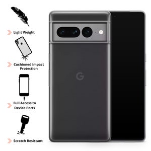 Może przedstawiać: Przezroczyste etui na telefon z czarną ramką i logo Google z tyłu. Etui zostało zaprojektowane w celu ochrony telefonu przed zarysowaniami i uderzeniami. Etui jest pokazane z telefonem w środku, ale telefon nie jest widoczny.