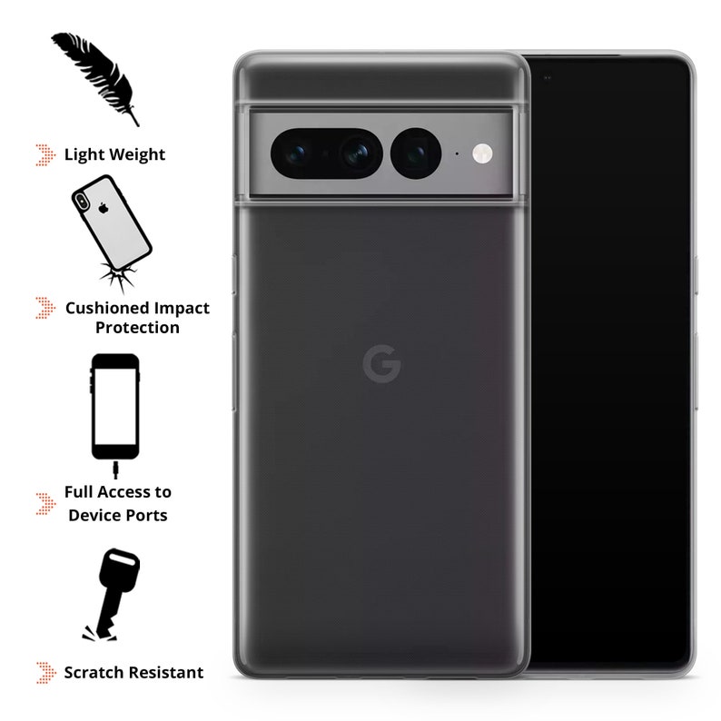Może przedstawiać: Przezroczyste etui na telefon z czarną ramką i logo Google z tyłu. Etui zostało zaprojektowane w celu ochrony telefonu przed zarysowaniami i uderzeniami. Etui jest pokazane z telefonem w środku, ale telefon nie jest widoczny.