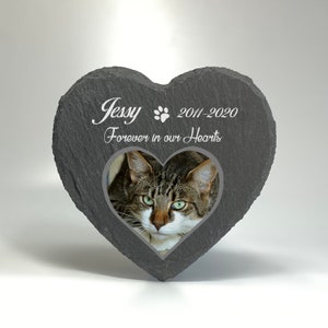 Floral Memorial Plaque For Pet Cat Dog Slate Stone Heart Shape Paw Grave Marker Photo Name Date 2023