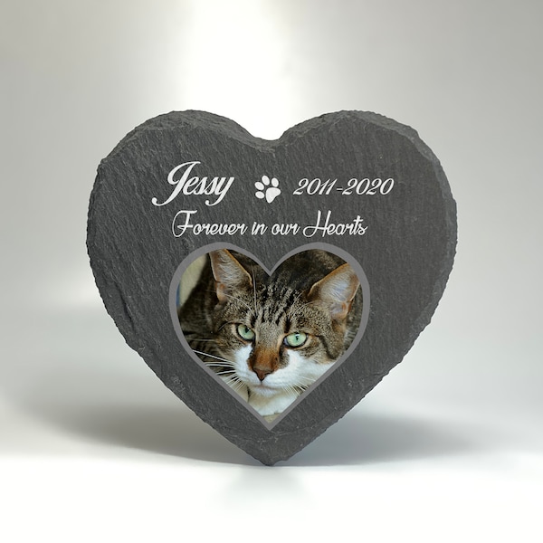 Floral Memorial Plaque For Pet Cat Dog Slate Stone Heart Shape Paw Grave Marker Photo Name Date 2023