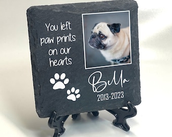Memorial Plaque For Pet Cat Dog Slate Stone Heart Paw Design Grave Marker with Stand 10x10 cm