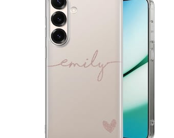Custom Made Phone case for Samsung Galaxy Love Heart Name S25 S24 S23 S22 S21, A16 A26 A56 and others Glitter Print Clear gel phone cover