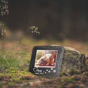 Puede incluir: Una piedra conmemorativa de pizarra negra con una foto de un bulldog franc&eacute;s. La piedra tiene las palabras "Penny 2008-2019" y un coraz&oacute;n y huellas de patas grabadas.