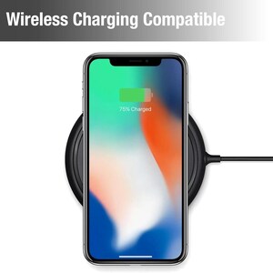 May include: A black wireless charging pad with a smartphone on top. The phone screen displays a colorful graphic and indicates 75% charge. The text "Wireless Charging Compatible" is at the top.