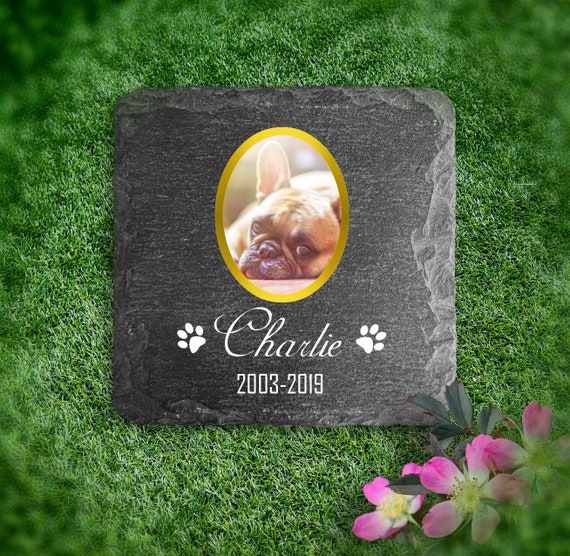 Pet Memorial Plaque made out of natural slate stone personalized with custom image and text, made to order.
