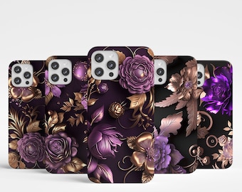 3D volledig omwikkeld telefoonhoesje paars gouden bloemmotief hoes past voor iPhone-modellen 16 15 14 13 12 Pro 11 Pro en anderen
