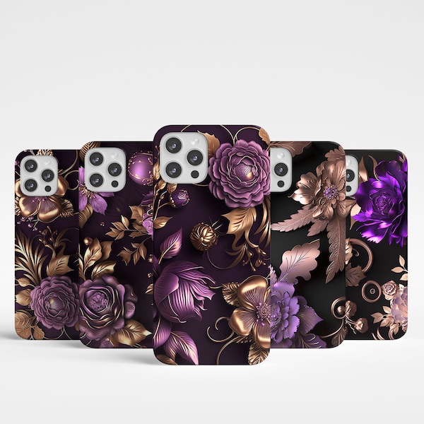 3D Full wrap Phone Case Purple Golden Floral Pattern Cover convient aux modèles iPhone comme 14 Pro 13 Pro 12 Pro 11 Pro et autres