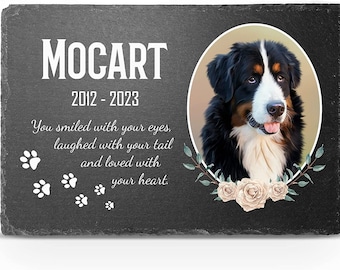 Placa conmemorativa de pizarra para mascotas: gatos, perros y hámsteres. Marcador floral personalizado (tamaño grande, mediano y pequeño). Texto con foto impresa.