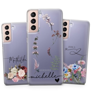 Bloemenromantiek: gepersonaliseerde naam en initialen telefoonhoesje voor Samsung Galaxy S25 S24 S23 S22 S21 S20 A16 A15 A14 A54 A73 A25 A26