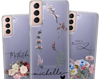 Floral Romance: Personalized Name & Initials Clear Soft TPU Phone Case for Samsung Galaxy