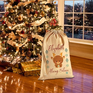 Personalised Custom Santa Reindeer Multinational Always Believe 2025 Christmas Sack Bag Extra Large (29.5 inches x 19.3 inches)