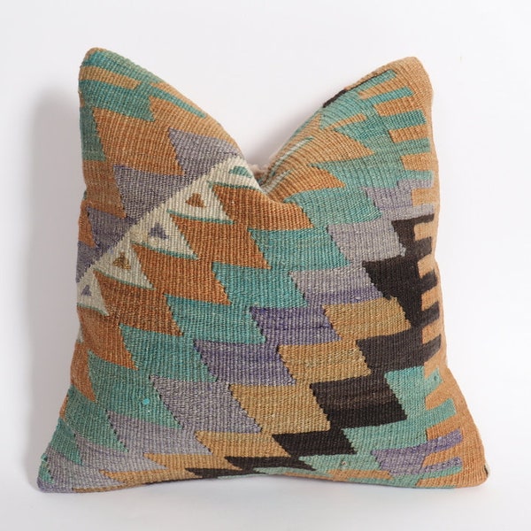 Kilim pillow, Wool kilim cousin from Anatolia 40x40 cm, 1, Cotton back with Zip closure, Dry cleaning, Decorative pillow.
