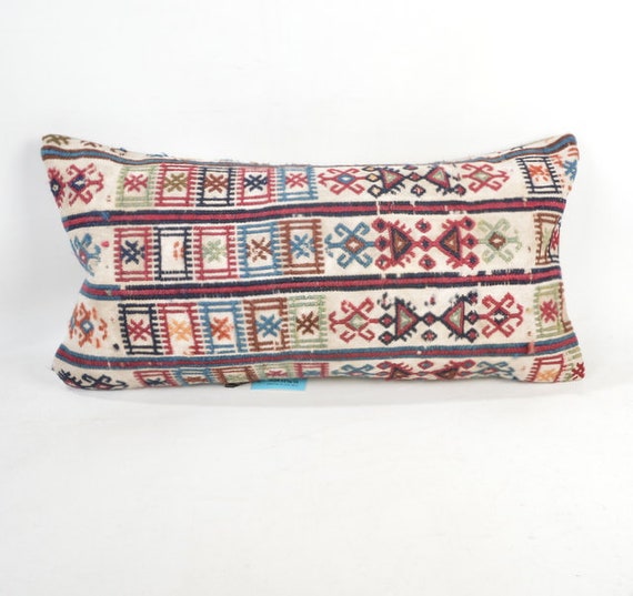 12x24 Kilim pillow Wool kilim cousin from Anatolia 30x60 cm Cotton back with Zip closure Decorative pillow. Dry cleaning