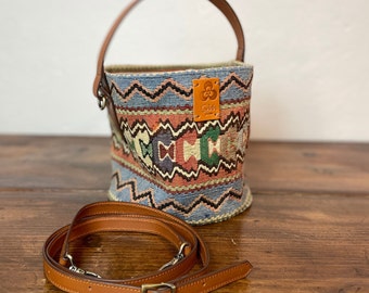 Vintage  Kilim handbag, with "ELIBELINDE"pattern, symbolizes happiness and fertility, leather handles 16inc and large one 48x0.8inc