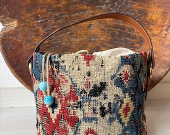 Unique Handmade Kilim Bag | Vintage Tapestry Boho Bag with Leather Handle | Handmade Ethnic Bag | Tribal Style
