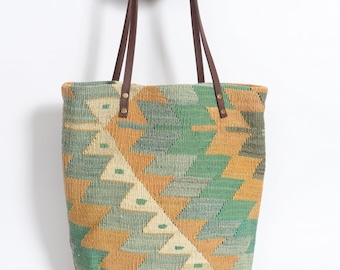 Vintage  Kilim handbag, with "ELIBELINDE"pattern, symbolizes happiness and fertility, leather handles