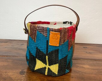 Vintage  Kilim handbag, with "ELIBELINDE"pattern, symbolizes happiness and fertility, leather handles 16inc and large one 48x0.8inc