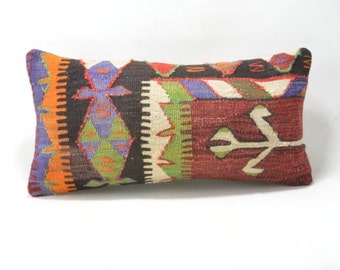 Kilim pillow, Wool kilim cousin from Anatolia , 30x60 cm, 12"x24", Cotton back with Zip closure, Dry cleaning, Decorative pillow.