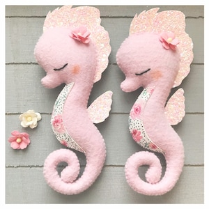 Seahorse. Hanging decoration for nursery. Under the sea theme. Mermaid party. Pink felt sea creature. New baby girl gift. Ocean ornament.
