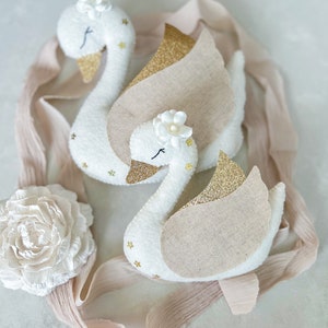 Hanging decoration. Swans. Magical fairy princess theme nursery decor.  Neutral elegant wedding gift favour. First birthday girl cake topper