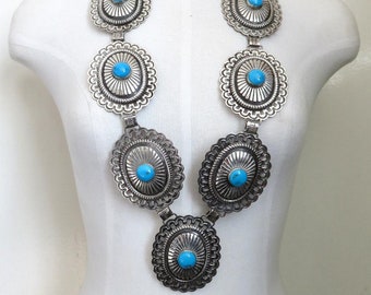 Vintage Sterling Silver Turquoise Concho Necklace by artisan Ernest Thomas Bilagody 527 grams (18.6oz)