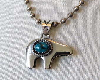 Solid Sterling Silver Zuni Navajo Fetish Bear Turquoise Pendant by You Got The Silver