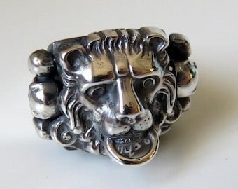 Solid Sterling Silver Lion Door Knocker Skull Ring Mexican Biker Signet 35.5 grams