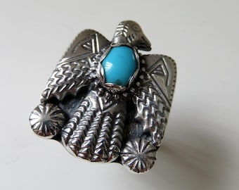 Solid Sterling Silver Navajo Thunderbird Turquoise Ring