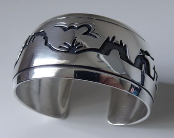 Brazalete vintage de plata de ley Navajo con superposición "Cuentacuentos" del artesano Tom Billy, 75,5 gramos