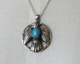 Solid Sterling Silver Turquoise Navajo Thunderbird Eagle Pendant