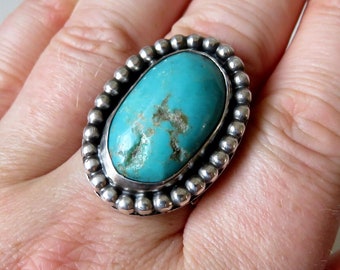 Solid Sterling Silver Oval Turquoise Navajo Style Feather Ring size Y (USA 125)