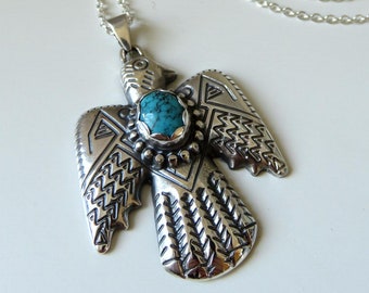 Solid Sterling Silver Large Navajo Thunderbird Turquoise Pendant by You Got The Silver