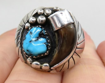 Vintage Sterling Silver Navajo Turquoise Overlay Applique Statement Ring size Y (USA 12)