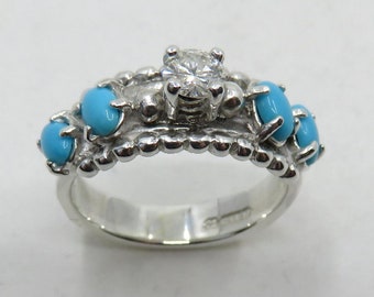 Sterling Silver Diamond & Turquoise Navajo Wedding Engagement Stacker Ring 0.30cts Diamond