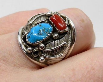 Vintage Sterling Silver Navajo Turquoise & Coral Ring size U 1/2 (USA 10.5)