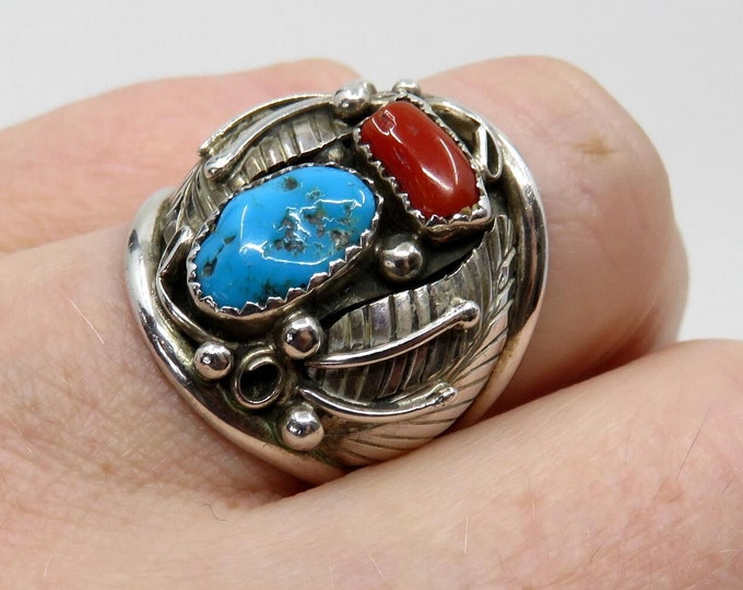 Vintage Sterling Silver Navajo Turquoise & Coral Ring Size U 1/2 (USA ...