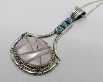 Vintage Sterling Silver Mother Of Pearl & Turquoise Navajo Pendant by Running Bear