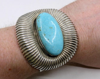 Vintage Huge Sterling Silver Navajo Turquoise Stamped Overlay Bangle Cuff by artisan E Jackson 187 grams