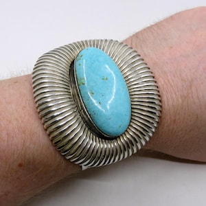 Vintage Huge Sterling Silver Navajo Turquoise Stamped Overlay Bangle Cuff by artisan E Jackson 187 grams
