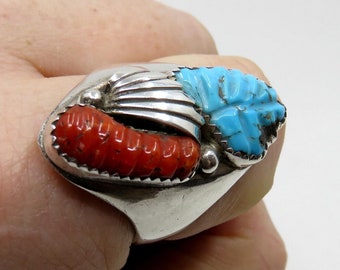 Vintage Huge Sterling Silver Navajo Zuni Carved Leaf Turquoise & Coral Ring size Z+3 (USA 14) signed by the artisan